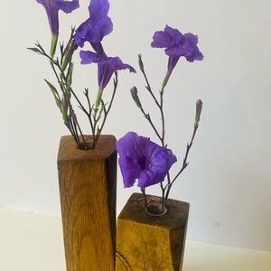 Hand Crafted Wooden Vases with Purple Flowers